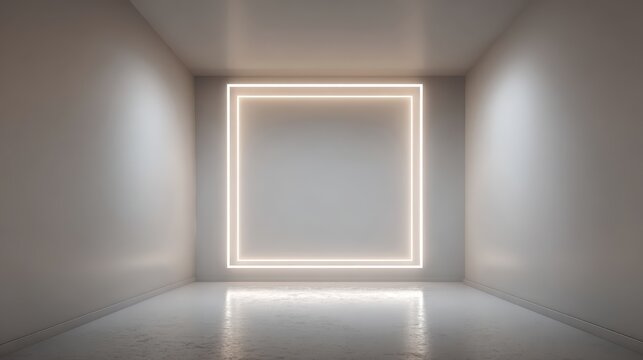 Modern minimalist interior featuring an empty room with a large, glowing rectangular frame illuminating pristine white walls and polished floor, creating a serene ambiance