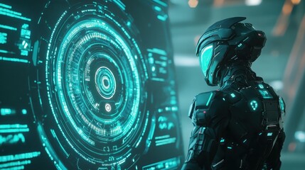 Aufkleber - Futuristic Cyborg Interacting with High-Tech Interface Display