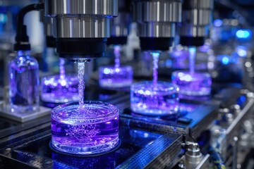 Poster - Advanced technology fills petri dishes with purple liquid at a modern research lab