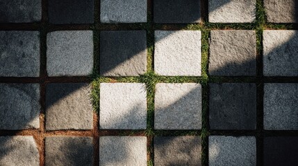 Poster - Sunlight casting checkered pattern over stone pavement, verdant grass peeking between tiles, blending urban hardscape with natural softness
