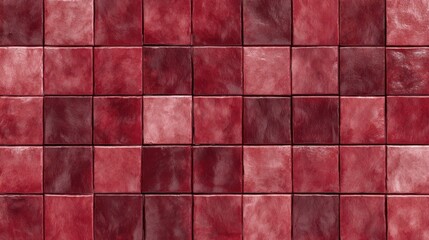 Poster - Glossy red ceramic tiles creating textured wall surface, showcasing vibrant geometric pattern with subtle color nuances and rich architectural dimension