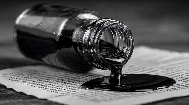 Ink bottle lying on paper creating a dark pool in a monochrome artistic composition, idea generation and thought process represented.