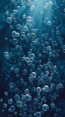 Poster - Sunlight filtering through translucent bubbles ascending softly in deep blue waters, creating ethereal underwater luminescence and serene marine ambiance