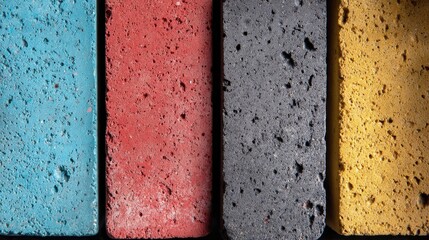 Poster - Colorful concrete bricks lying side by side, revealing rough porous surfaces with textural variations in vivid close up perspective