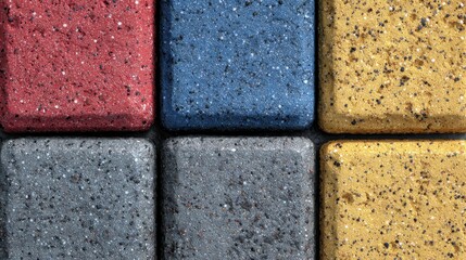 Poster - Colorful paving stones arranged in geometric patterns, highlighting decorative landscaping with interlocking design and robust construction for outdoor surfaces