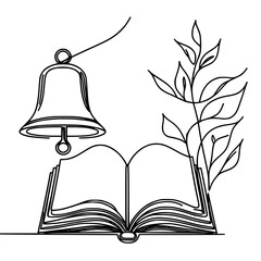 Aufkleber - Open book with bell and leaves in single line outline vector style  
