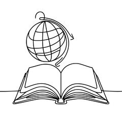 Poster - Open book with globe illustration in single line outline vector style  
