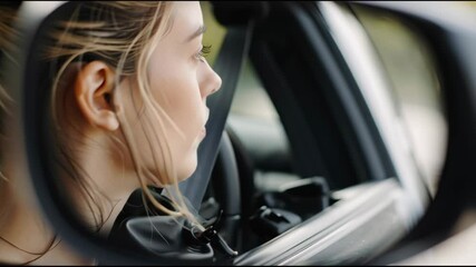 Poster - A woman is driving a car and looking at her reflection in the rearview mirror