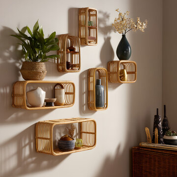A wall with five shelves, each with a different colored vase