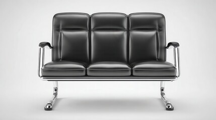 Poster - Modern black leather and chrome sofa standing in a white studio, representing elegance and comfort for contemporary interior design projects