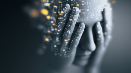 Poster - Mindscape: Exploring the Intersection of Human Thought and the Digital Realm. A person in a contemplative pose with digital particles interacting with the face.