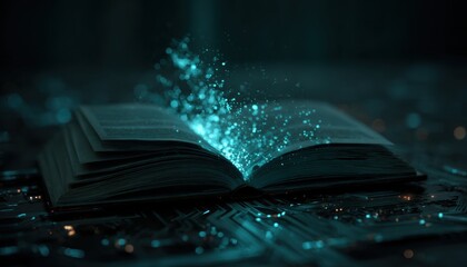 Poster - Mysterious glowing book rests on a futuristic circuit board, ethereal particles emanating from its pages, creating a magical, technological scene.