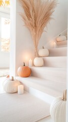 Poster - Fall decor featuring white, orange pumpkins, candles, pampas grass adorning wooden staircase, evoking warm, seasonal ambiance