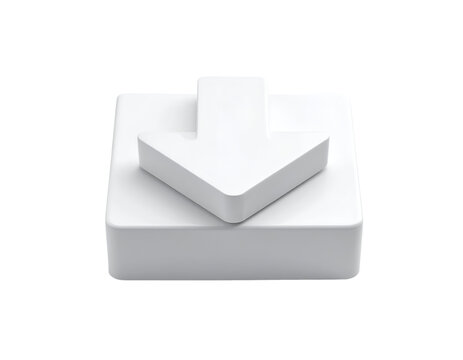 Clean three-dimensional white download icon representing digital data transfer and online content saving.