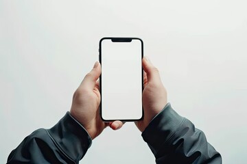 Poster - Detailed Image of Male Hands Holding a Phone with a Blank Screen on a White Background