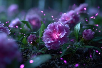 Poster - Beautiful pink flowers illuminated by soft light in a serene garden at dusk