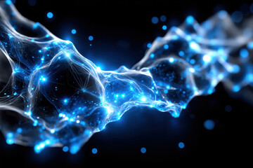 Poster - Abstract glowing wave design with blue lights and intricate details in a dark background