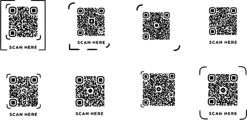 Scan me QR code blank frame. printable scan here sticker template for shop payment, website, app, ui. vector illustration on transparent background.
