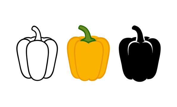 Colorful bell pepper illustrations: outline, vibrant, and silhouette versions