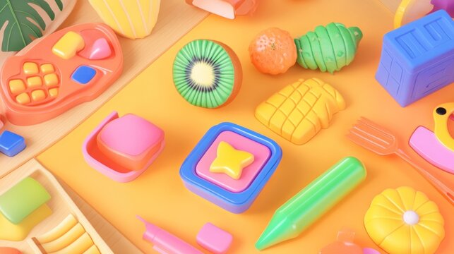 Colorful 3D rendered objects and fruits on a yellow background.