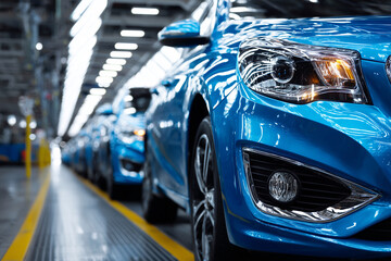 Poster - A row of blue cars are on a conveyor belt in a factory