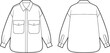 © Md - Utility shirt flat sketch, oversized shirt design, front and back view, long sleeve shirt, technical drawing, button-up shirt, fashion sketch