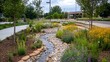 © Being Imaginative - Sustainable Rain Garden Design Featuring Stormwater Overflow System in a Lush Green Urban Environment Background for City Planning