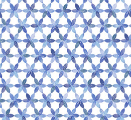blue seamless pattern with watercolor abstract flowers, geometric isolated illustration of beautiful