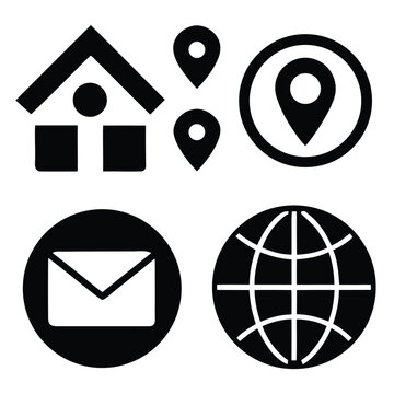 Set of vector icons for web design including symbols for home, business, email, phone, map, and more