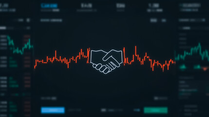 Poster - Stock Market Deal: The dynamic image showcases a handshake illustration overlayed upon a financial graph and display, indicating partnership, successful agreement and financial partnership.
