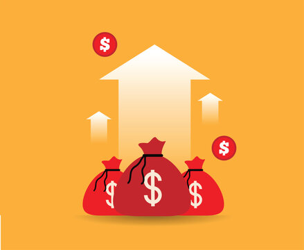 Bags with Money Coins and Upward Arrows Growing Income Idea. Earning by trading currencies or stock market vector art