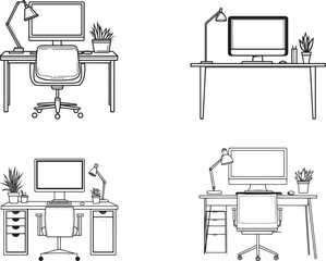 Fototapete - Office computer desk clean simple icon outline black vector illustration
