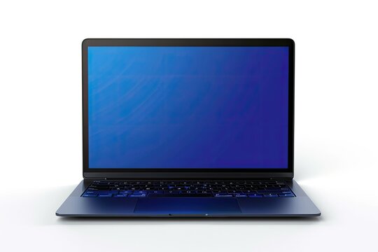 Pixel Perfect Image of Laptop with Blue Screen Mockup on White Background Ai Generated