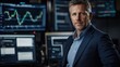© Babb - A businessman in a navy suit poses with confidence amid several large computer screens showing stock market fluctuations and data analysis in a contemporary office setting