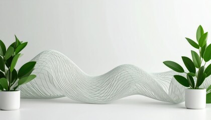 Poster - Abstract White Mesh Structure with Geometric Data Layout and Green Plants against White Background