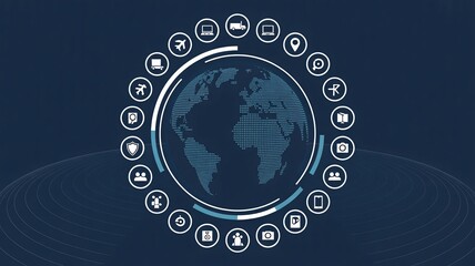Poster - Global network illustration with connected icons around the world and digital background design