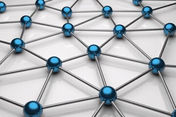 Poster - A close up view of a network structure with blue spheres connected by silver rods on white surface