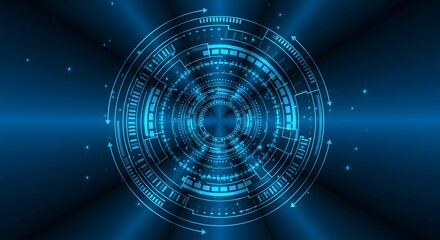 Poster - A circular technology interface with blue glowing lines and arrows on a dark blue gradient background