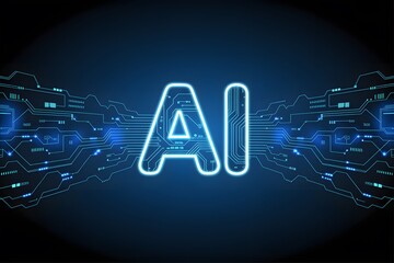 Poster - Illuminated ai text with circuit board pattern on a dark blue background representing technology