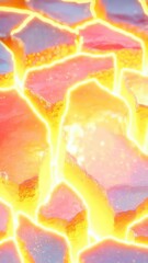 Poster - Cracked pastel-colored surface with glowing golden lava flowing through bright fissures, creating a vivid and energetic texture