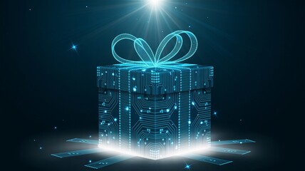 Poster - A glowing blue digital gift box with circuit board patterns and a ribbon on a dark background