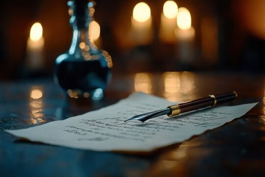 A pen is sitting on a piece of paper with a candle in the background