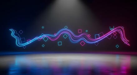Poster - A glowing neon wave with blue and pink hues and floating squares on a dark reflective surface under light