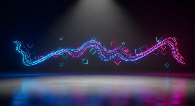 A glowing neon wave with blue and pink hues and floating squares on a dark reflective surface under light