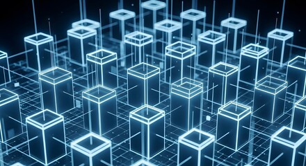 Poster - A digital landscape of glowing blue cubes connected by lines forming a grid like structure