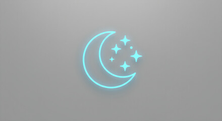 Poster - Glowing moon and stars icon in neon cyan light on gray background. Digital night sky symbol for slumber and sleep concept.