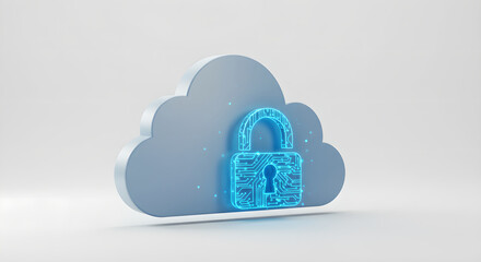 Poster - Cloud icon with glowing padlock. Data security and encrypted storage. Digital protection for online information.