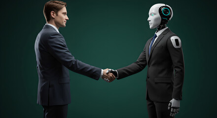 Poster - Man shaking hand with robot. Human and artificial intelligence collaboration. Partnership and future technology concept.
