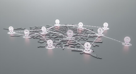 Poster - Digital 3D map with glowing pin icons connected by lines showing city location data. Conceptual illustration for network, navigation, and smart city technology.