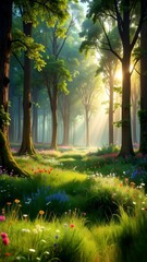 Wall Mural - Sunlight streams through a forest of tall trees illuminating a vibrant meadow filled with colorful wildflowers in spring.